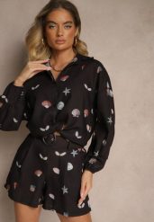 Czarny Komplet z Wiskozą Koszula i Szorty w Morski Print Reisoria. Czarne koszule damskie Renee, bez wzorów, z materiału, eleganckie. Za 129.99 zł.