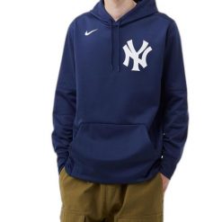Bluza z kapturem Nike New York Yankees. Niebieskie bluzy sportowe damskie Nike, na zimę, bez wzorów, bez ramiączek, z kapturem. Za 341.99 zł.