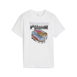 Młodzieżowa koszulka z grafiką sneakersów PUMA White. Biała bluzki damskie Puma, m, bez wzorów, młodzieżowe, bez kołnierzyka, bez ramiączek. Za 99.99 zł.