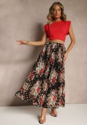 Czarna Rozkloszowana Spódnica z Plisami w Kwiatowy Wzór z Metalicznym Nadrukiem Follenna. Czarne spódniczki damskie Renee, l, bez wzorów, eleganckie, maxi, plisowane. Za 59.99 zł.
