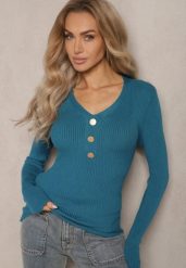 Niebieski Prążkowany Sweter z Bawełną i Guzikami Mirisia. Niebieskie swetry klasyczne damskie Renee, z bawełny, bez kołnierzyka. Za 39.99 zł.