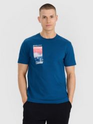4F T-shirt regular z nadrukiem męski - turkusowy XXL. Niebieskie t-shirty męskie 4f, m, bez wzorów, z bawełny, bez kołnierzyka. Za 59.99 zł.