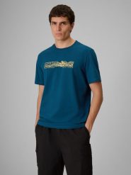 4F T-shirt regular z nadrukiem męski - turkusowy S. Niebieskie t-shirty męskie 4f, m, bez wzorów, z materiału, bez kołnierzyka. Za 69.99 zł.