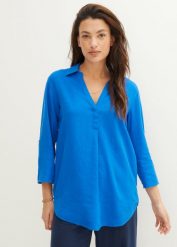 Bluzka lniana, rękawy 3/4. Niebieskie bluzki damskie bonprix, bez wzorów, bez kołnierzyka, bez ramiączek. Za 122.99 zł.
