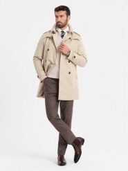 Elegancki męski płaszcz trencz SLIM FIT z paskiem – beżowy V1 - Rozmiar: XL. Brązowe płaszcze męskie Ombre Clothing, m, bez wzorów, z materiału, eleganckie. Za 419.99 zł.