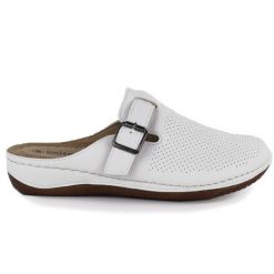 Klapki damskie zabudowane sanitarne białe Unisoft 9928. Białe klapki damskie Unisoft, bez wzorów, ze skóry ekologicznej, bez obcasa. Za 109.99 zł.