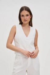 Kamizelka z dodatkiem lnu biała. Białe kamizelki damskie MOODO, l, z bawełny. Za 119.99 zł.