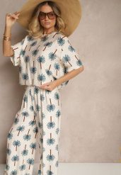 Niebieski Komplet z Wiskozy Zdobiony Printem w Palmy Szerokie Spodnie i T-shirt Zioleana. Niebieskie spodnie materiałowe damskie Renee, z aplikacjami, z materiału, eleganckie. Za 74.99 zł.