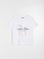 Bawełniana koszulka z napisem Canto de la Playa - biały. Białe t-shirty damskie Sinsay, l, bez wzorów, z bawełny, bez kołnierzyka. Za 25.99 zł.