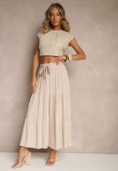 Beżowa SRozkloszowana Spódnica Maxi z Wiskozy z Materiałowymi Paskami Wintelis. Brązowe spódniczki damskie Renee, na lato, l, bez wzorów, z materiału, eleganckie, maxi, dopasowane. Za 44.99 zł.