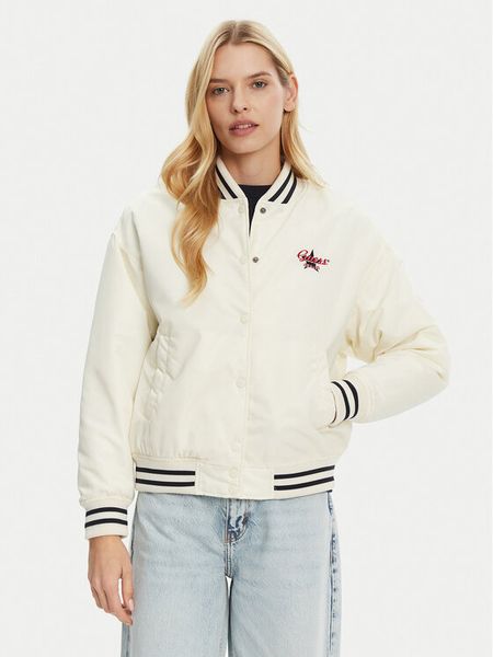 Guess Jeans Kurtka bomber W5RL43 WHAA2 Beżowy Regular Fit. Brązowe kurtki damskie Guess Jeans, xxl, z aplikacjami, z jeansu, bez kaptura. Za 389.99 zł.