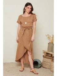 Le Monde du Lin Lniana sukienka w kolorze jasnobrązowym rozmiar: 38/40. Brązowe sukienki damskie Le Monde du Lin, bez wzorów, ze lnu, klasyczne, bez kołnierzyka, bez ramiączek, maxi. Za 143.99 zł.