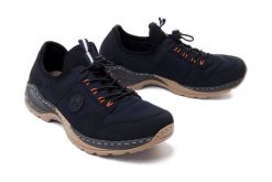 RIEKER M0564-14 blue, półbuty damskie. Niebieskie półbuty damskie Rieker, bez wzorów, z gumy, bez obcasa. Za 359.90 zł.