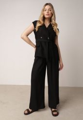 Czarny Elegancki Komplet Garniturowy z Wiskozy Spodnie i Kamizelka z Paskiem Amwyn. Czarne kamizelki damskie Born2be, bez wzorów, z wiskozy, eleganckie. Za 209.99 zł.