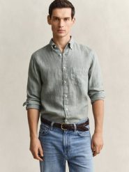 Gant koszula lniana Mężczyźni Regular Fit len zielony, M. Zielone koszule męskie Gant, m, bez wzorów, ze lnu, bez kołnierzyka, bez ramiączek. Za 479.95 zł.