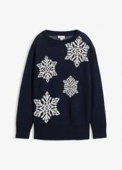 Sweter z okrągłym dekoltem i flokowanymi śnieżynkami. Niebieskie swetry klasyczne damskie bonprix, na zimę, bez kołnierzyka. Za 99.99 zł.