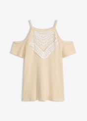 Koszulka dzianinowa z koronką. Brązowe bluzki damskie bonprix, bez wzorów, z dzianiny, eleganckie, bez kołnierzyka, bez ramiączek. Za 34.99 zł.