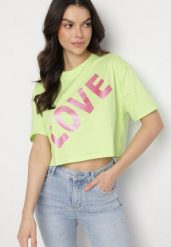 Zielony Bawełniany T-shirt Oversize o Krótkim Kroju z Napisem Sannelia. Zielone t-shirty damskie Born2be, m, bez wzorów, z bawełny, bez kołnierzyka. Za 34.99 zł.