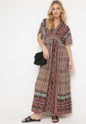 Brązowa Boho Sukienka z Szerokimi Rękawami z Gumką w Pasie i Wiązaniem na Plecach Piomina. Brązowe sukienki damskie Born2be, l, z aplikacjami, boho, bez kołnierzyka, bez ramiączek, maxi. W wyprzedaży za 79.99 zł.