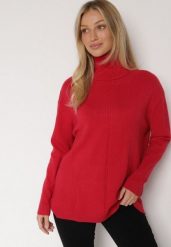 Czerwony Sweter z Golfem i Dodatkiem Kaszmiru Rorizia. Czerwone golfy damskie Born2be, z aplikacjami, z jeansu, bez ramiączek. Za 129.99 zł.