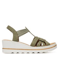 Sandały Rieker. Zielone sandały damskie Rieker, bez wzorów, bez obcasa, na koturnie. Za 209.99 zł.