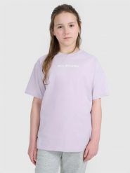 4F T-shirt oversize z nadrukiem dziewczęcy - fioletowy 134 (8-9 lat). Fioletowe koszulki dziewczęce 4f, m, bez wzorów, z bawełny, bez ramiączek. W wyprzedaży za 29.99 zł.