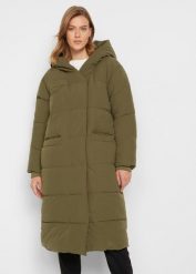 Płaszcz oversize ocieplany z kapturem, z poliestru z recyklingu. Brązowe płaszcze damskie bonprix, bez wzorów, eleganckie. Za 219.99 zł.