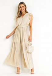 Beżowy Plisowany Kombinezon z Szerokimi Nogawkami i Wiązanym Paskiem Audra. Brązowe kombinezony damskie Born2be, na lato, bez wzorów, eleganckie, bez kołnierzyka, bez ramiączek. Za 149.99 zł.