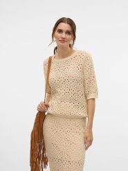 Vero Moda Sweter w kolorze beżowym rozmiar: XS. Brązowe swetry klasyczne damskie Vero Moda, xs, z bawełny, bez kołnierzyka. Za 74.81 zł.