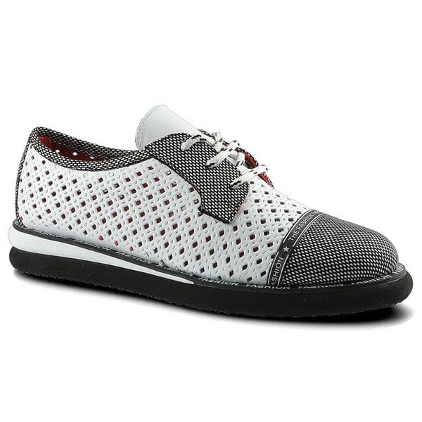 Półbuty damskie Lanqier, wykonane z materiału o otwartej ażurowej strukturze z kontrastowymi wzmocnieniami z klasycznym sznurowaniem, białe, 46C2339. Białe półbuty damskie Lanqier, w ażurowe wzory, z materiału, eleganckie, z otwartym noskiem, bez obcasa. Za 229.00 zł.