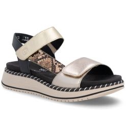 Skórzane sandały damskie metaliczne złote Remonte by Rieker D3J50-90. Żółte sandały damskie Remonte, bez wzorów, z tkaniny, bez obcasa. Za 359.00 zł.