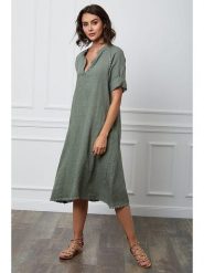 Fleur de Lin Lniana sukienka "Granel" w kolorze khaki rozmiar: XXL. Brązowe sukienki damskie Fleur de Lin, xxl, bez wzorów, z koronki, bez kołnierzyka, bez ramiączek, midi. Za 188.40 zł.