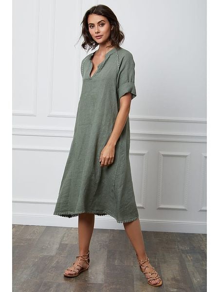 Fleur de Lin Lniana sukienka "Granel" w kolorze khaki rozmiar: M. Brązowe sukienki damskie Fleur de Lin, m, bez wzorów, z koronki, bez kołnierzyka, bez ramiączek, midi. Za 201.08 zł.