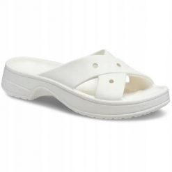 Klapki Dla Dorosłych Crocs Womens Cross Strap. Białe klapki damskie Crocs, bez wzorów, z materiału, bez obcasa. Za 159.99 zł.