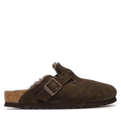 Klapki Birkenstock. Brązowe klapki damskie Birkenstock, bez wzorów, bez obcasa. Za 854.99 zł.
