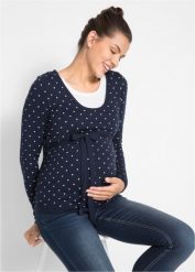 Sweter ciążowy i do karmienia piersią 2w1 z cienkiej dzianiny. Niebieskie swetry klasyczne damskie bonprix, z dzianiny, bez kołnierzyka, moda ciążowa. Za 129.99 zł.