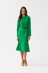 Zielona Midi Sukienka Trapezowa z Przeszyciami. Zielone sukienki damskie MOE, l, bez wzorów, z elastanu, bez kołnierzyka, bez ramiączek, midi, trapezowe. Za 316.90 zł.