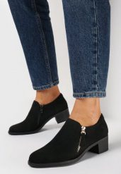 Czarne Półbuty na Niskim Słupku z Ozdobnym Suwakiem Aricca. Czarne półbuty damskie Born2be, bez wzorów, z jeansu, eleganckie, bez obcasa, na słupku. Za 84.99 zł.