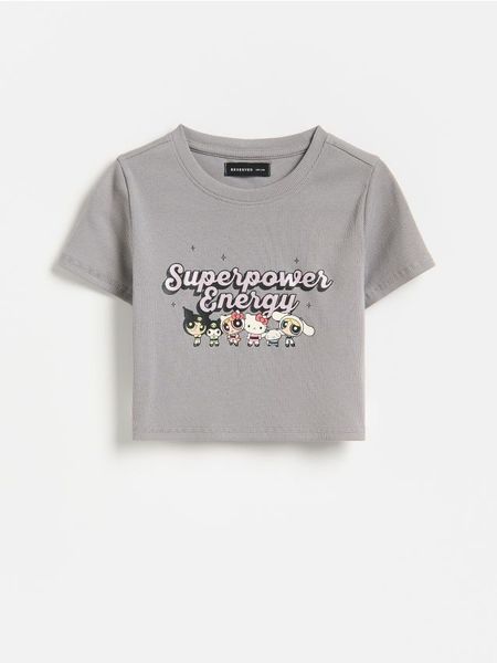 T-shirt Hello Kitty and Friends x The Powerpuff Girls - ciemnoszary. Szare koszulki dziewczęce Reserved, bez wzorów, z bawełny, bez ramiączek. Za 39.99 zł.