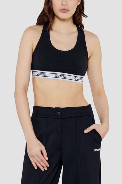 GUESS Czarny damski top sportowy Aline, Rozmiar S. Czarne topy damskie Guess, m, z aplikacjami, bez kołnierzyka. W wyprzedaży za 133.99 zł.