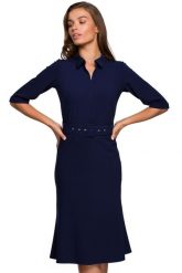Elegancka sukienka koszulowa z kołnierzykiem i paskiem w talii granat. Sukienki damskie Stylove, do pracy, xxl, bez wzorów, biznesowe, bez kołnierzyka, bez ramiączek, koszulowe. Za 329.00 zł.