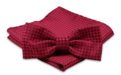 Czerwona Mucha Męska w Granatowe Kropki -ALTIES- z Taką Samą Poszetką, Groszki. Czerwone krawaty i muchy męskie Alties, bez wzorów, eleganckie. Za 54.00 zł.