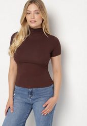 Brązowy Dopasowany T-shirt z Wiskozy z Golfem Isovera. Brązowe t-shirty damskie Born2be, m, z aplikacjami, z materiału, bez kołnierzyka. Za 59.99 zł.
