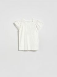 T-shirt z haftem na rękawach - złamana biel. Koszulki dziewczęce Reserved, bez wzorów, z bawełny, bez ramiączek. Za 49.99 zł.