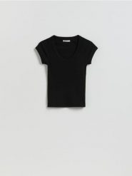 T-shirt slim fit - czarny. Czarne t-shirty damskie Reserved, l, bez wzorów, z bawełny, bez kołnierzyka. Za 35.99 zł.