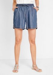 Lekkie szorty z denimu z lnem. Niebieskie szorty damskie bonprix, bez wzorów, z denimu. Za 112.99 zł.