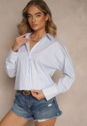 Niebieska Koszula z Bawełny o Kroju Oversize w Paski z Metalicznymi Zdobieniami Pasenitia. Niebieskie koszule damskie Renee, l, z aplikacjami, z bawełny, eleganckie, bez kołnierzyka, bez ramiączek. Za 99.99 zł.