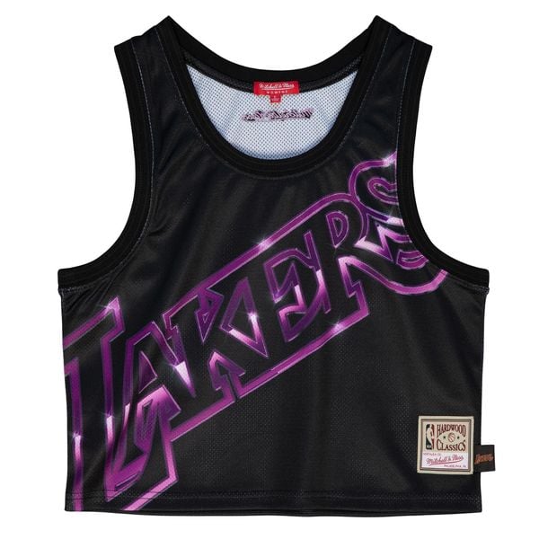 Damska koszulka crop Lakers big face 4.0. Czarne t-shirty damskie Mitchell & Ness, bez wzorów, bez kołnierzyka. Za 264.50 zł.