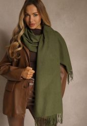 Ciemnozielony Szalik z Wiskozą Bawełną i Frędzlami Siathlin. Zielone szaliki i kominy damskie Renee, bez wzorów, z bawełny. Za 44.99 zł.