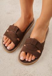 Ciemnobrązowe Klapki VICES z Geometryczną Cholewką Lorazeiros. Brązowe klapki damskie Renee, z aplikacjami, z jeansu, bez obcasa, na płaskiej podeszwie. Za 89.99 zł.